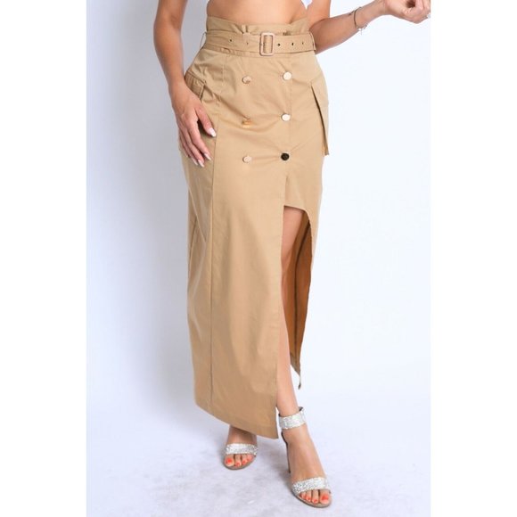 Women Asymmetric Self Belted Pockets Detailed Maxi Skirt Formal Casual Khaki - Picture 3 of 10